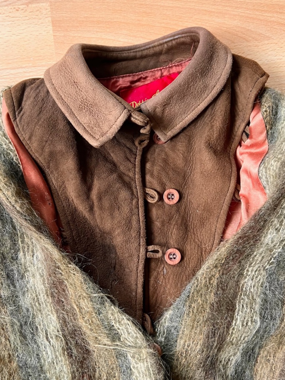 Fuzzy vintage 90s Mohair Bomber Jacket in Olive & Brown removable suede collar - Picture 5 of 12